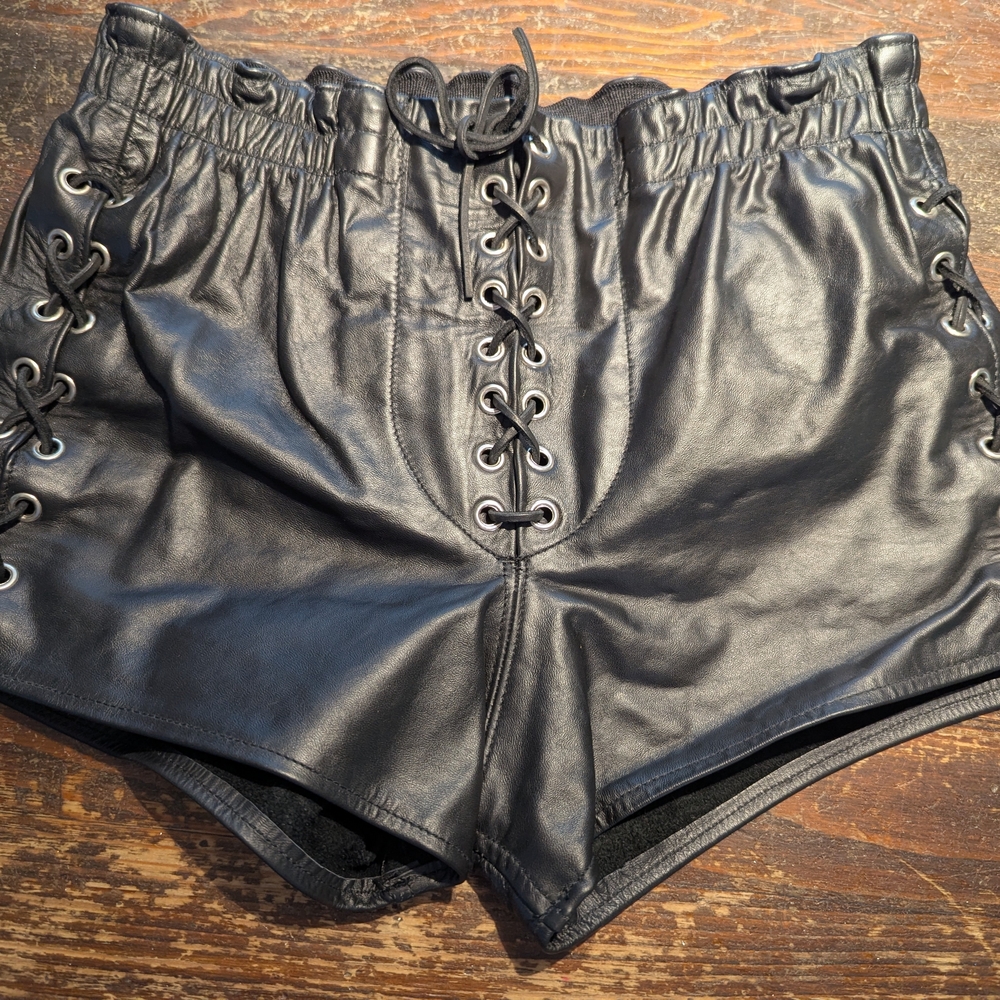 Chic Black Lace-Up High Waist Leather Shorts